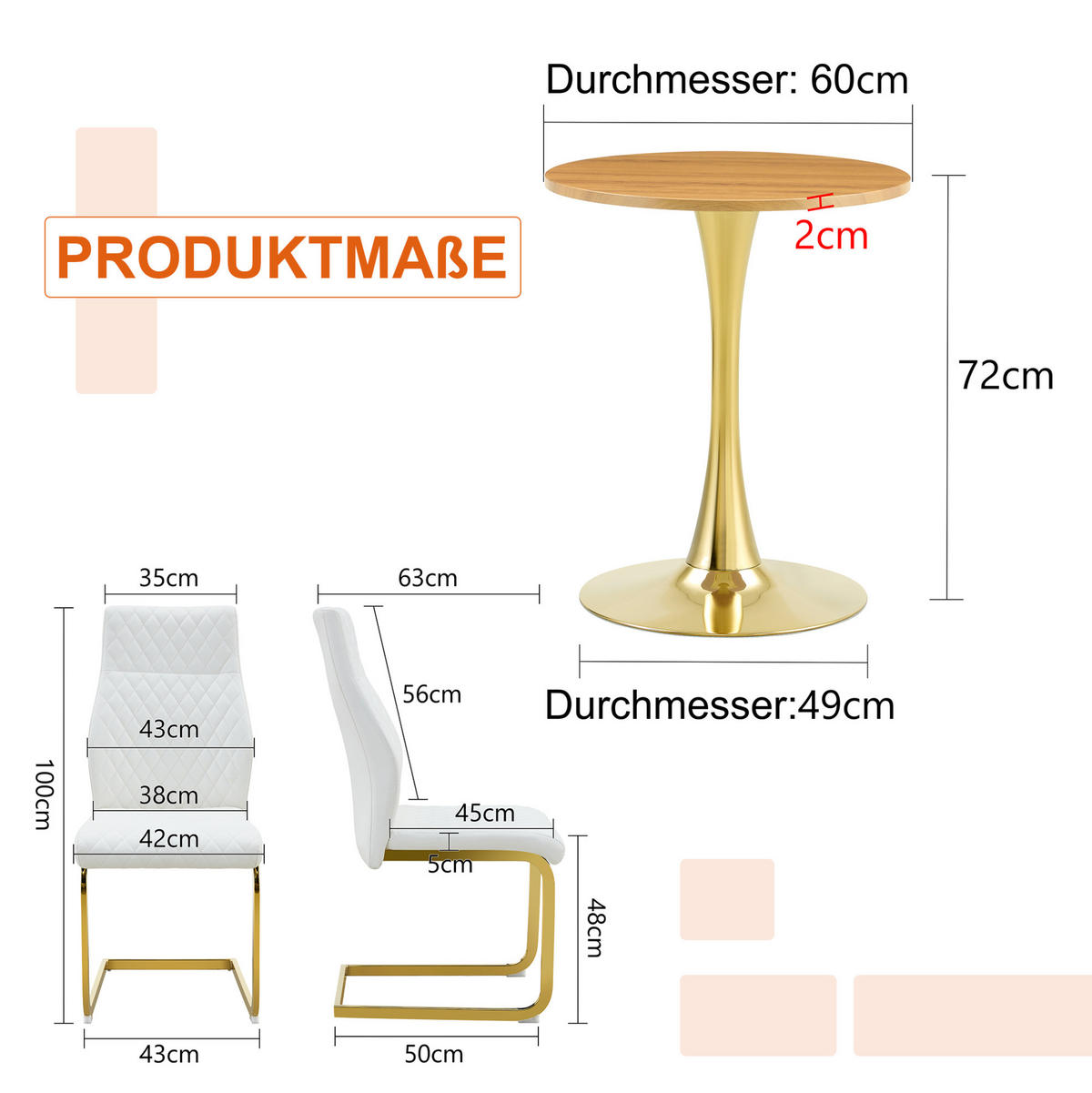 TISCH- UND STUHLSET 3-tlg. 60 cm Weiß/Gold - Weiß, Metall (60/72/60cm) - Meubliv