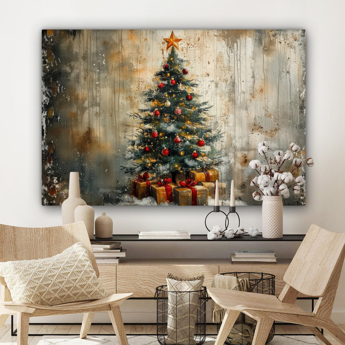 LEINWANDBILD Weihnachtsbaum - Vintage - Weihnachten - Geschenk Wohnzimmer Groß 120x80 cm - Rostfarben, Textil (120/80cm) - MuchoWow