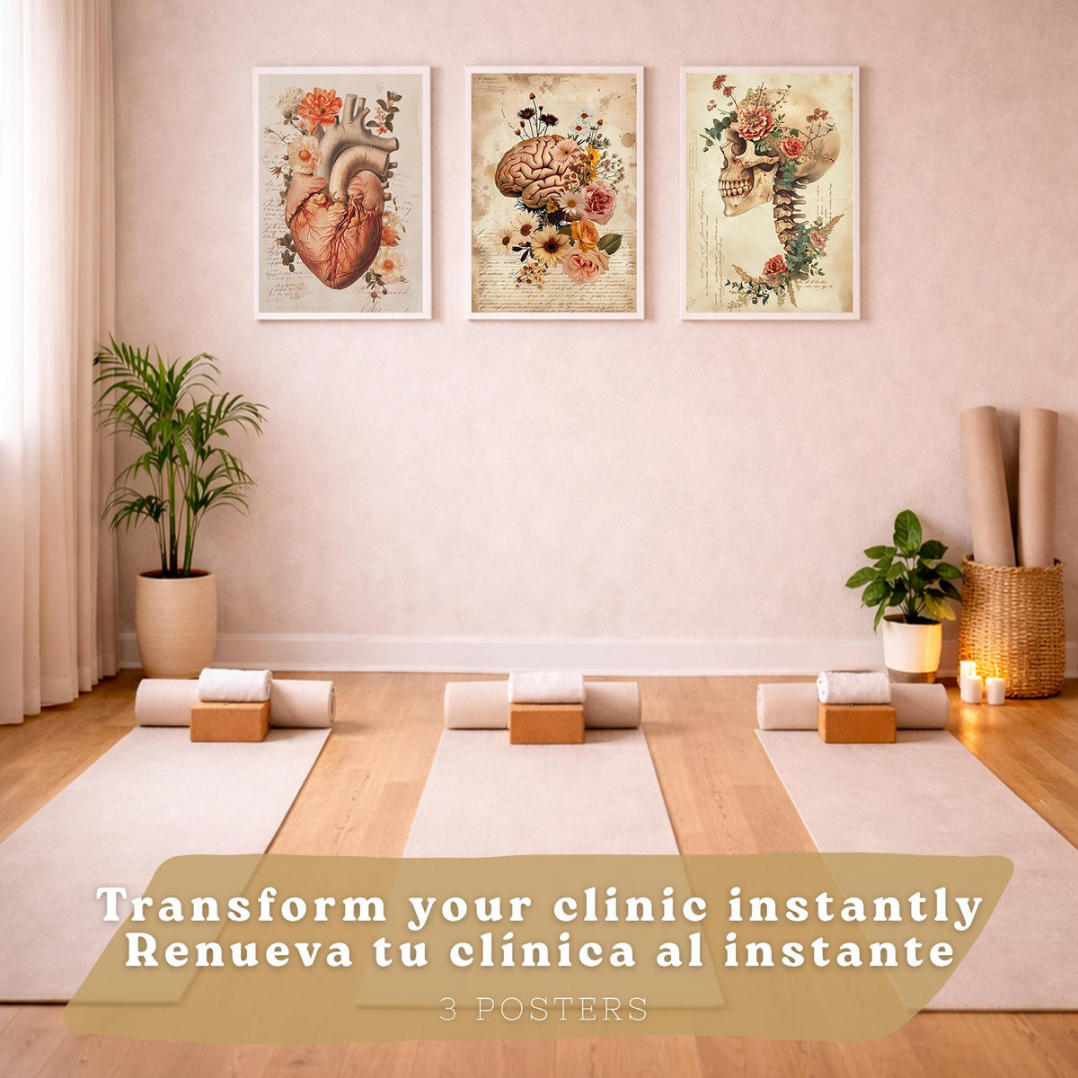 POSTER Set aus 3 Anatomie Mensch Drucke und Wandbilder mit Herz Gehirn und Schädel Vintage Floraler Stil Wanddekoration Größe Weißer Rahmen A3 - Weiß, Papier (29.7/42/3cm) - Nacnic