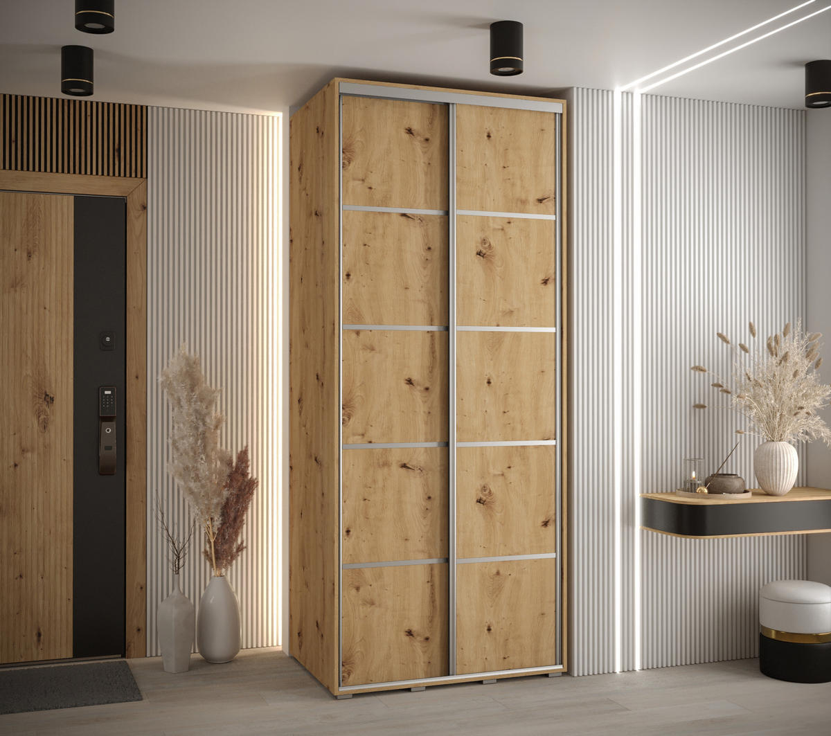 SCHWEBETÜRENSCHRANK 235,2/100/60 2-türig - Silberfarben/Eiche Artisan, Holz/Metall (100/235/60cm) - Abiks Möbel