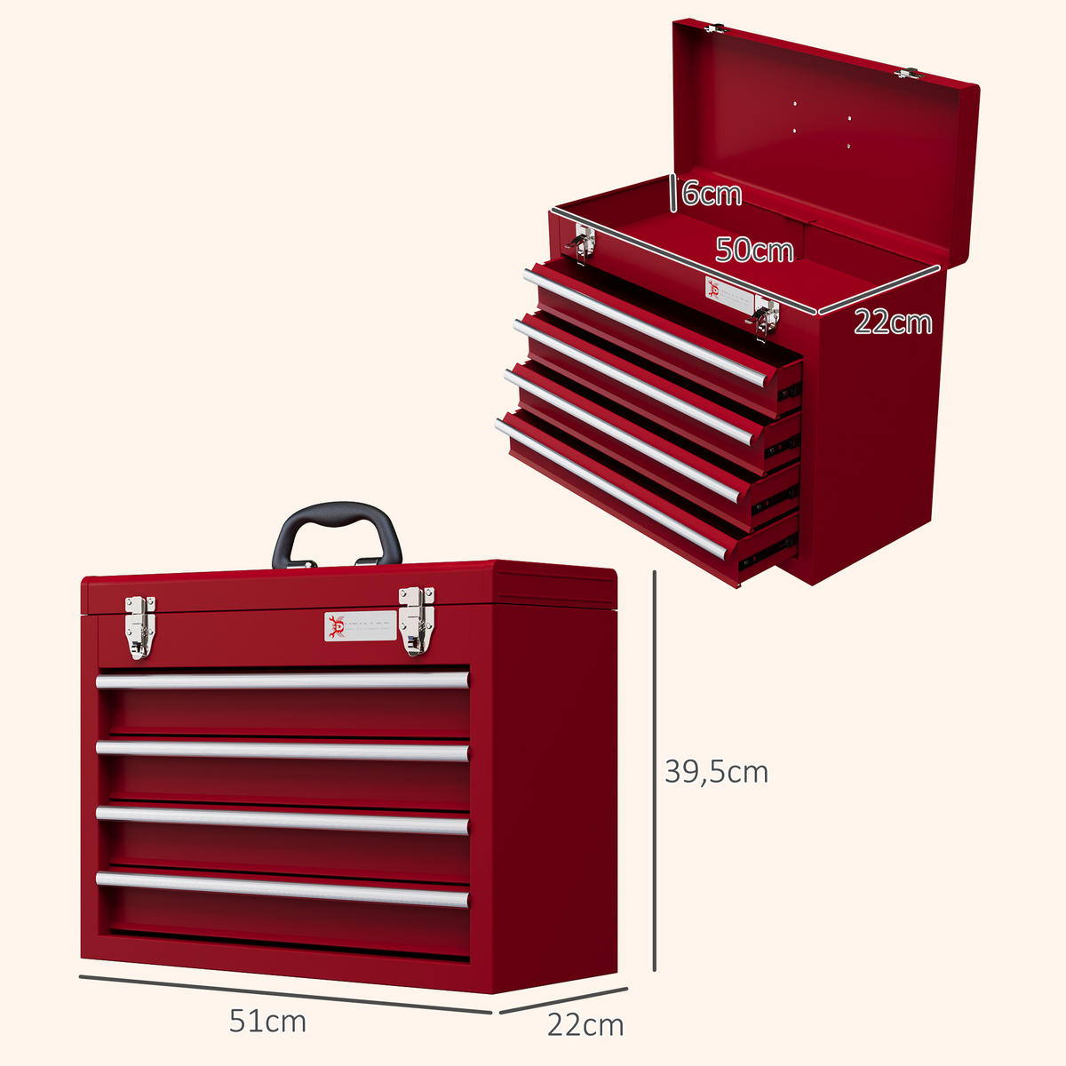 WERKZEUGKASTEN, Kiste mit 4 Schubladen und Blechablage, 51 x 22 x 39,5 cm, Rot - Multicolor, Kunststoff (22/39.5/51cm) - FORIOUS