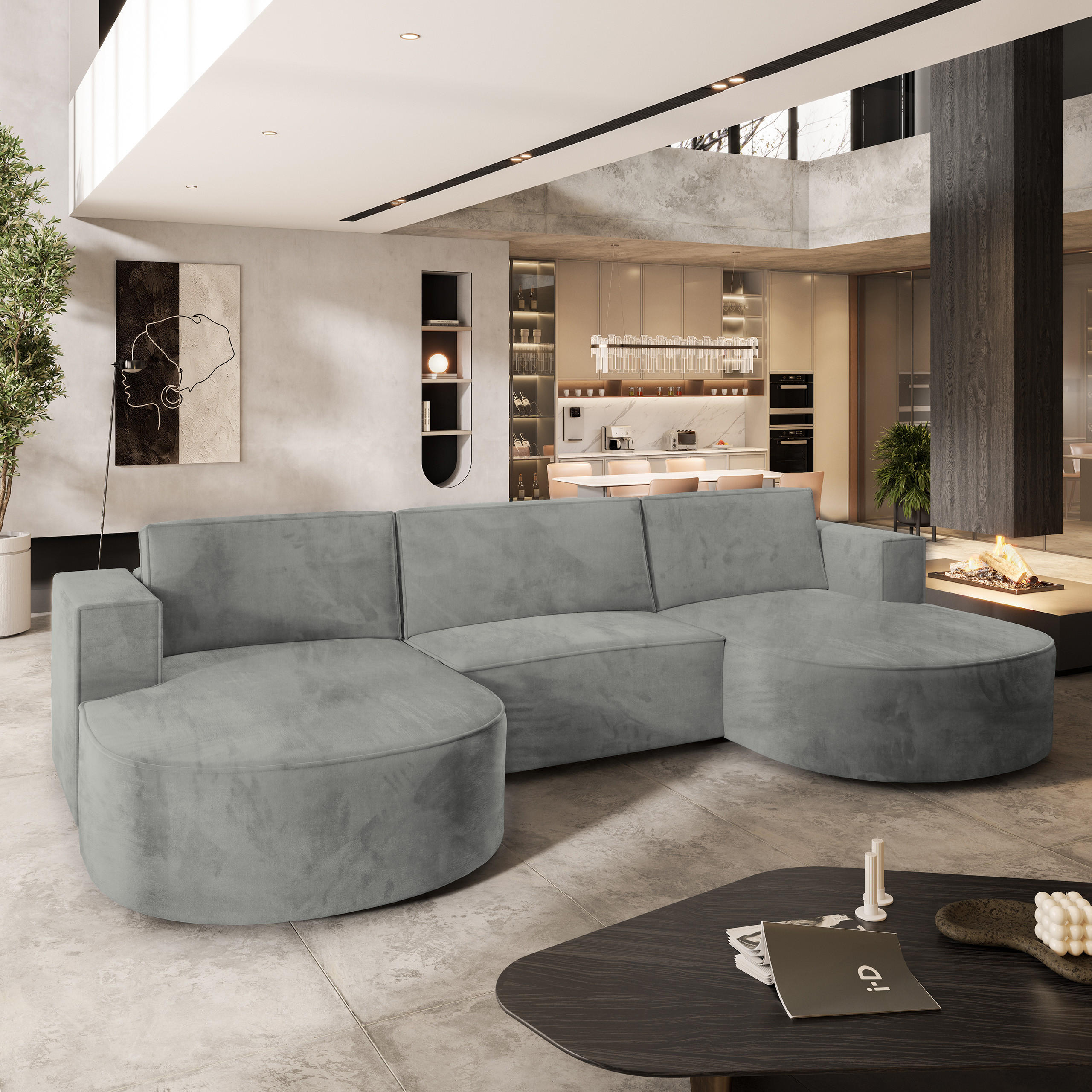 WOHNLANDSCHAFT VEZZO M Hellgrau Velours-Stoff mit Schlaffunktion - Hellgrau, Holz (347/85/174cm) - MASSENO