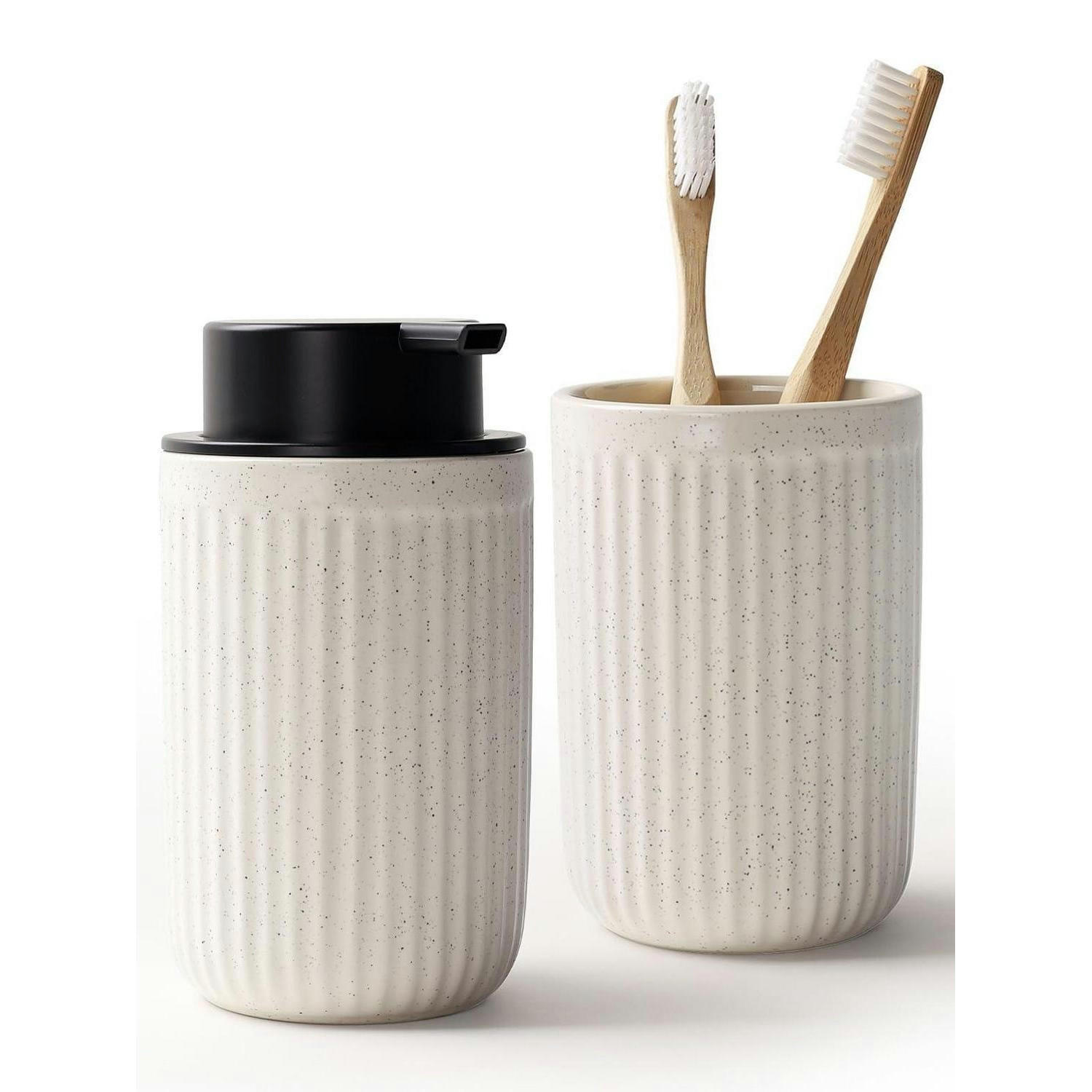 SEIFENSPENDER mit Zahnbürstenhalter Keramik Beige 350ml - Beige, Keramik (8/14/8cm)