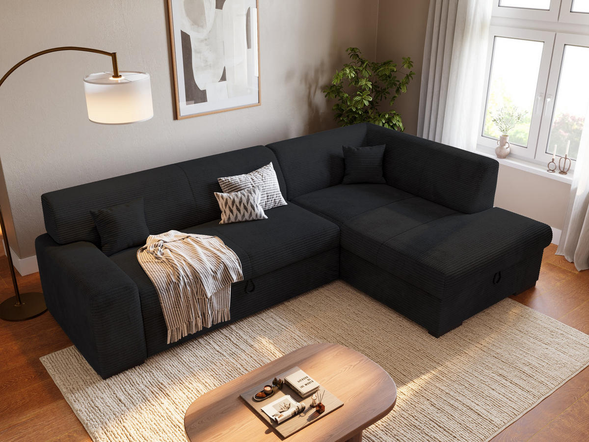 ECKSOFA mit Schlaffunktion Cordstoff MILENZO Schwarz Rechts - Schwarz, Holz (260/175cm) - Bromarkt