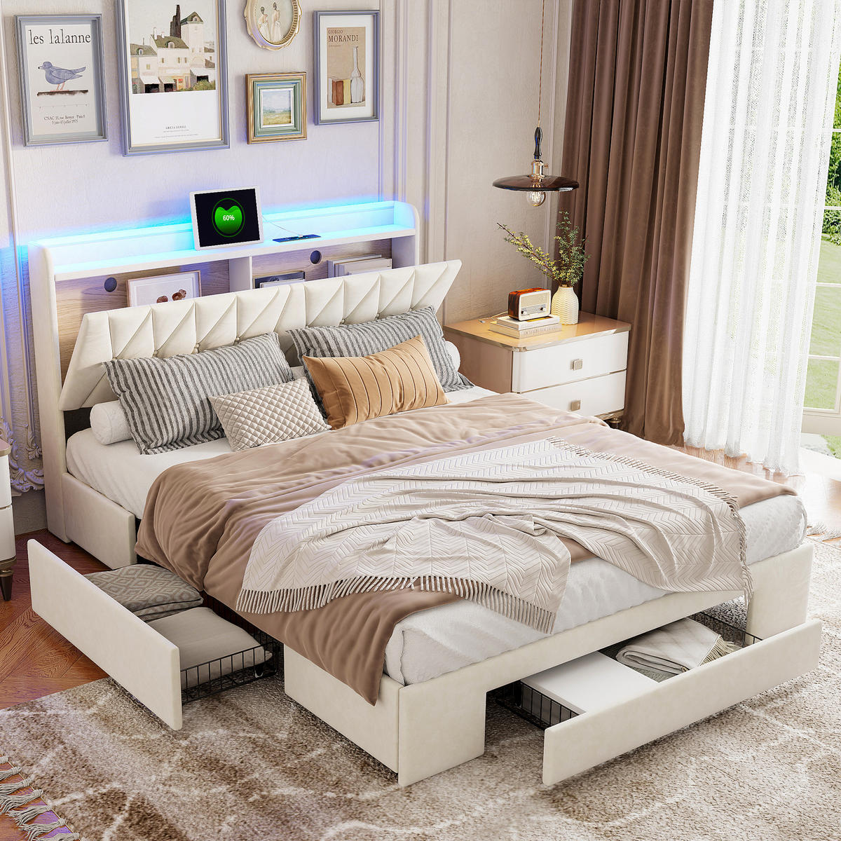 POLSTERBETT 160/200 cm mit Schubkasten‑Stauraum, LED‑Beleuchtung & USB‑Anschluss, Chesterfield‑Samtkopfteil - Beige, Holz/Metall (160/200cm) - Joyfair