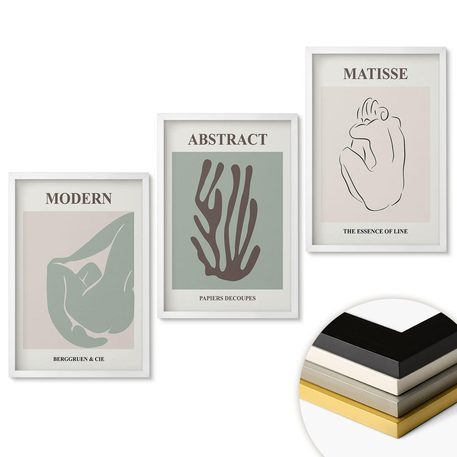 WANDBILDER 3er-Set - 40x60 cm Weißer Rahmen - Matisses stilvolle abstrakte Gemälde - Weiß, Kunststoff (40/60cm) - ArtPrintCave