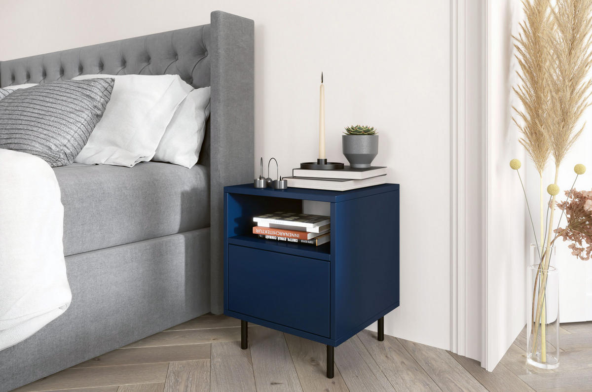 NACHTTISCH Mirka, Marinblau, Push to Open System, Minimalistisch - Schwarz/Dunkelblau, Holzwerkstoff/Metall (40/47/40cm) - Dancan