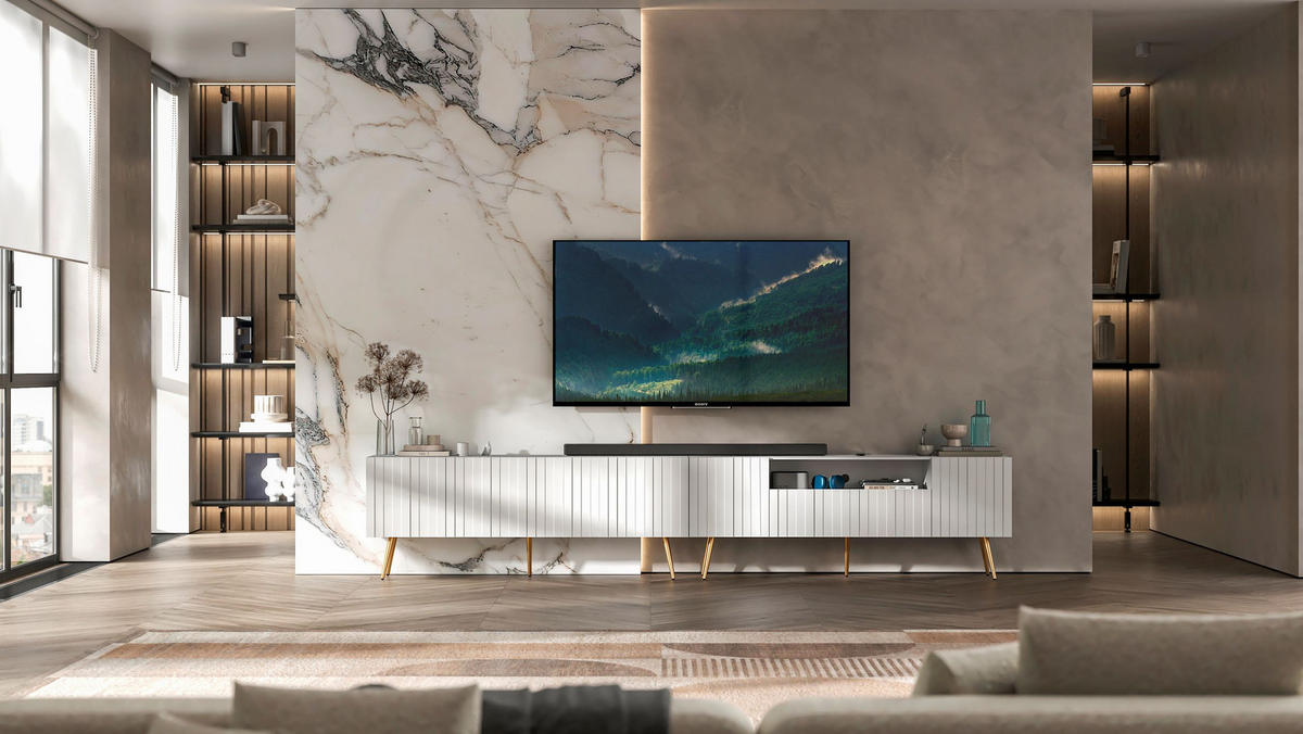 TV-LOWBOARD 2er-Set Elpis2 Weiß matt mit goldenen Metallbeinen150 cm - Goldfarben/Weiß, Holzwerkstoff (300/60.5/36.5cm) - Meble Lindner