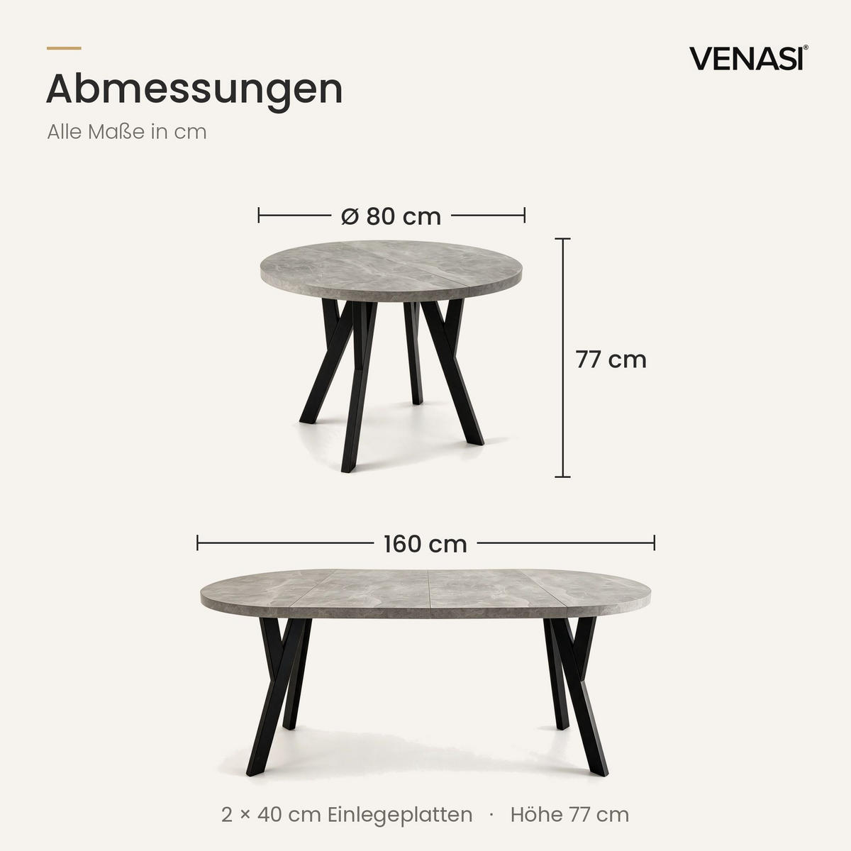 ESSTISCH ausziehbar rund 80-160 cm ATO Beton, Auszugstisch mit Einlegeplatte - Schwarz/Grau, Holzwerkstoff (80/80/77cm) - VENASI MÖBEL