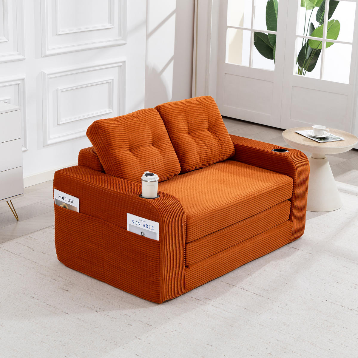 SCHLAFSOFA in Orange Cord mit Getränkehalter und Seitentaschen - Orange, Textil (136/82.5/80cm) - Oxeza