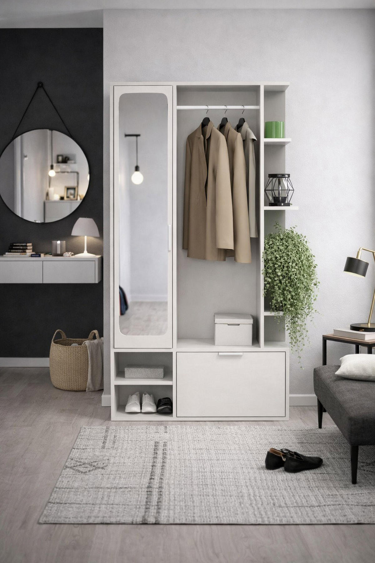 GARDEROBE Mela mit Spiegel, Sitzbank & Kleiderstange – 100/189/33 cm – Weiß - Weiß, Holzwerkstoff/Metall (100/189.4/33cm) - WFL GROUP
