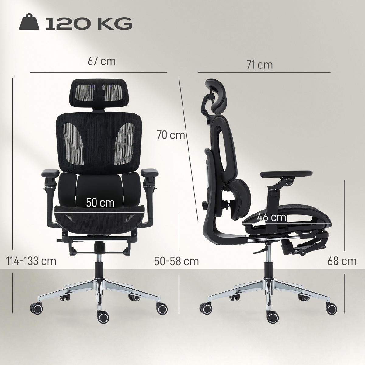 BÜROSTUHL Ergonomisch Schreibtischstuhl mit verstellbar Lenden- und Kopfstütze - Schwarz, Kunststoff/Textil (67/133/71cm) - HOMCOM