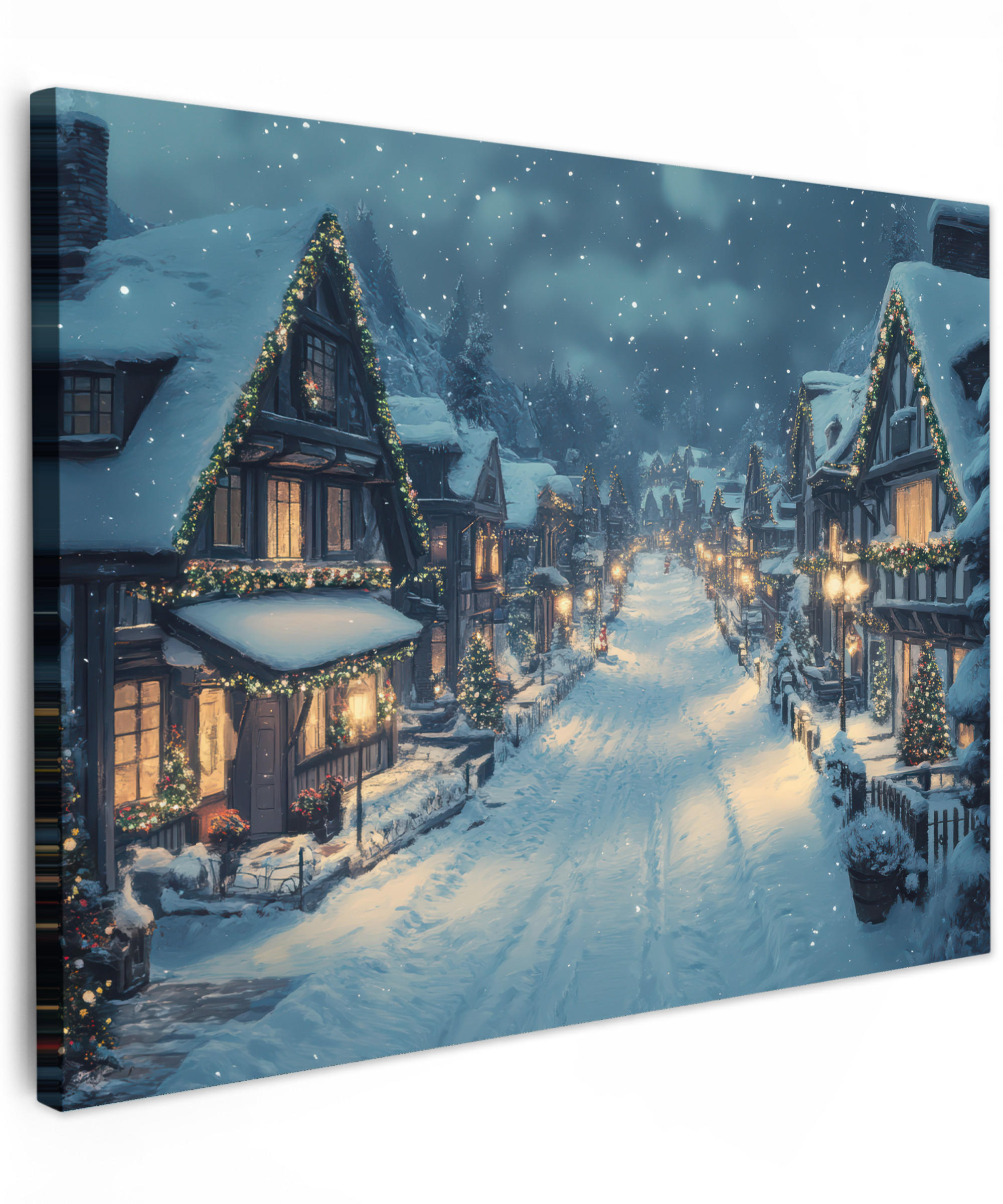 LEINWANDBILD Weihnachtsdorf - Weihnachten - Schnee - Winter 40x30 cm - Dunkelblau, Textil (40/30cm) - MuchoWow