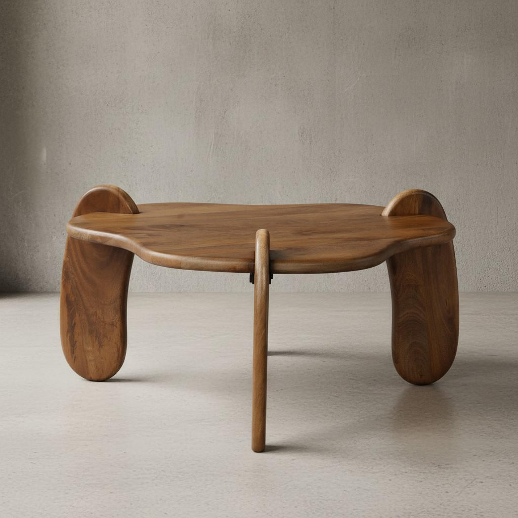 COUCHTISCH in Walnussfarbe aus Mangoholz Massiv, Niedriges Dreibein-Design, Organisch, 78x78x39.5cm - Braun, Holz (78/78/40cm) - KADIMA DESIGN