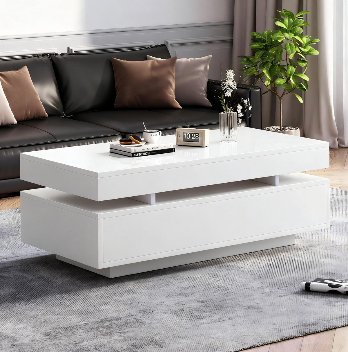 COUCHTISCH aus Spanplatte 100x50x35 cm Weiß Hochglanz mit 2 Schubladen und LED-Beleuchtung - Weiß, Holzwerkstoff (100/50/35cm) - IVMEU