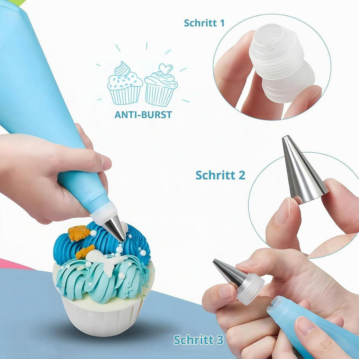 SPRITZBEUTEL Set 126-teilig mit Edelstahl-Tüllen und Schabern - Hellblau, Kunststoff (29.8/20.2/31cm)