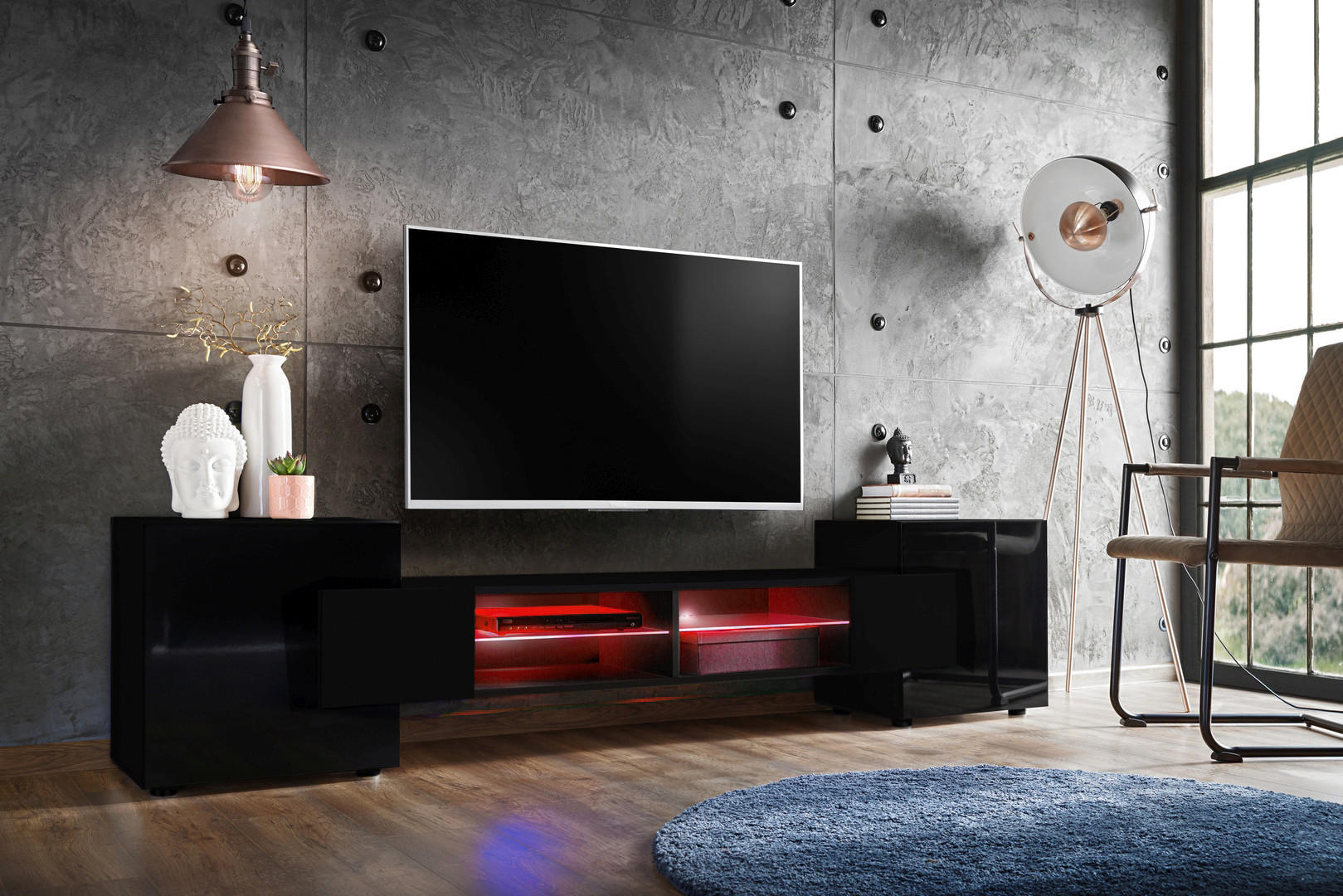 LOWBOARD MERANO Black, LED Beleuchtung Mehrfarbige - Schwarz, Glas/Holzwerkstoff (230/52.5/35cm) - Komodee