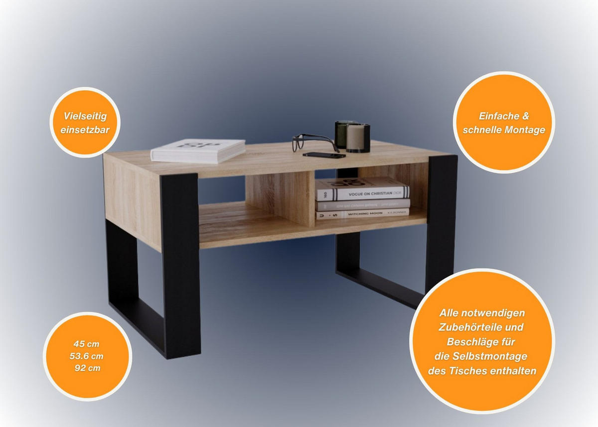 COUCHTISCH Kora92 92/45/53,6 - Schwarz/Sonoma Eiche, Holzwerkstoff (54/92/45cm) - RAUMHIRSCH FURNITURE