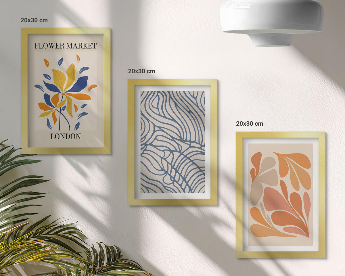 WANDBILDER 3er Set - 20x30 cm Goldrahmen - Moderne abstrakte Blumen - Goldfarben, Kunststoff (20/30cm) - ArtPrintCave