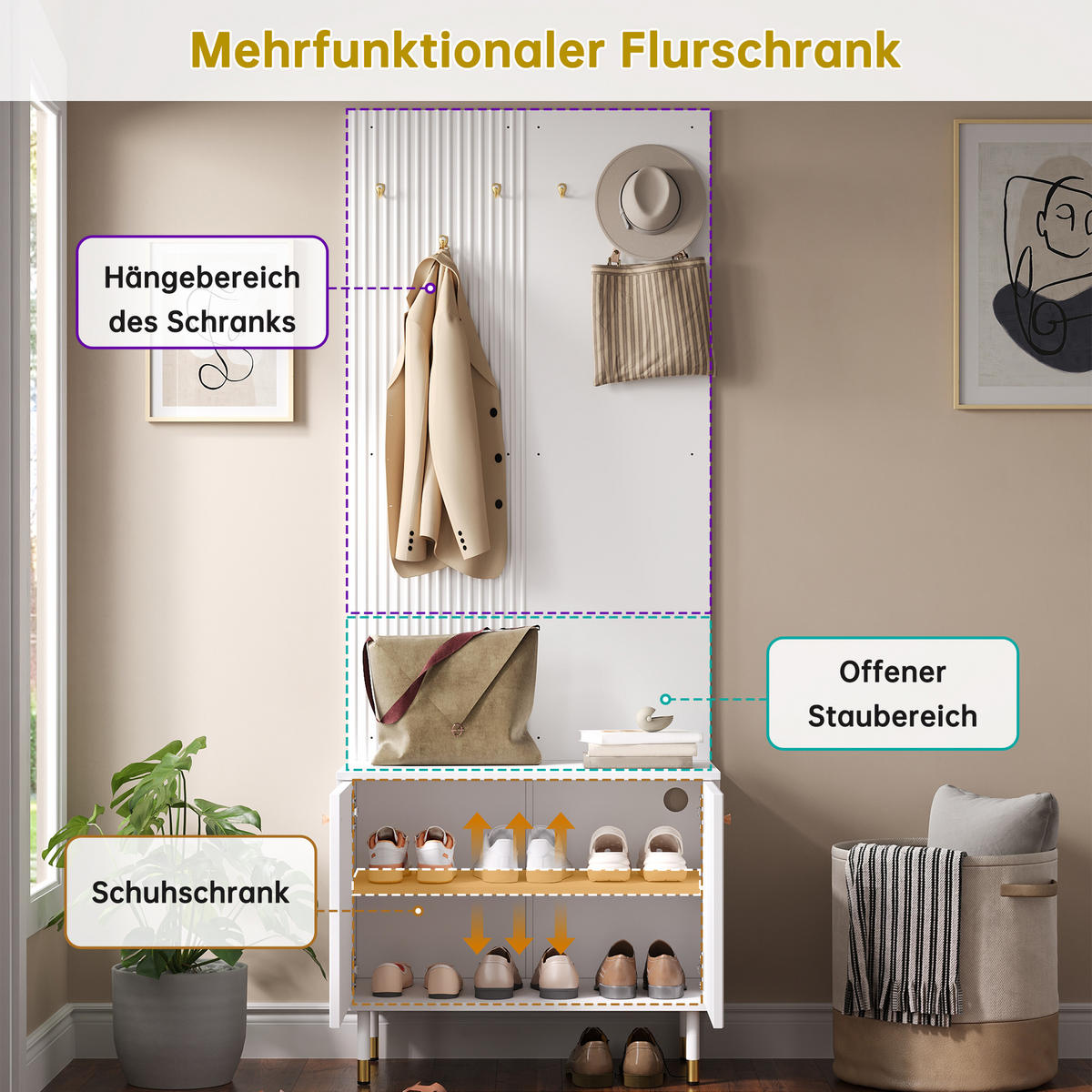 GARDEROBE Schrank Schuhschrank Haken Metallfüße Modern - Weiß, Holzwerkstoff (70/180/35cm) - FLIEKS