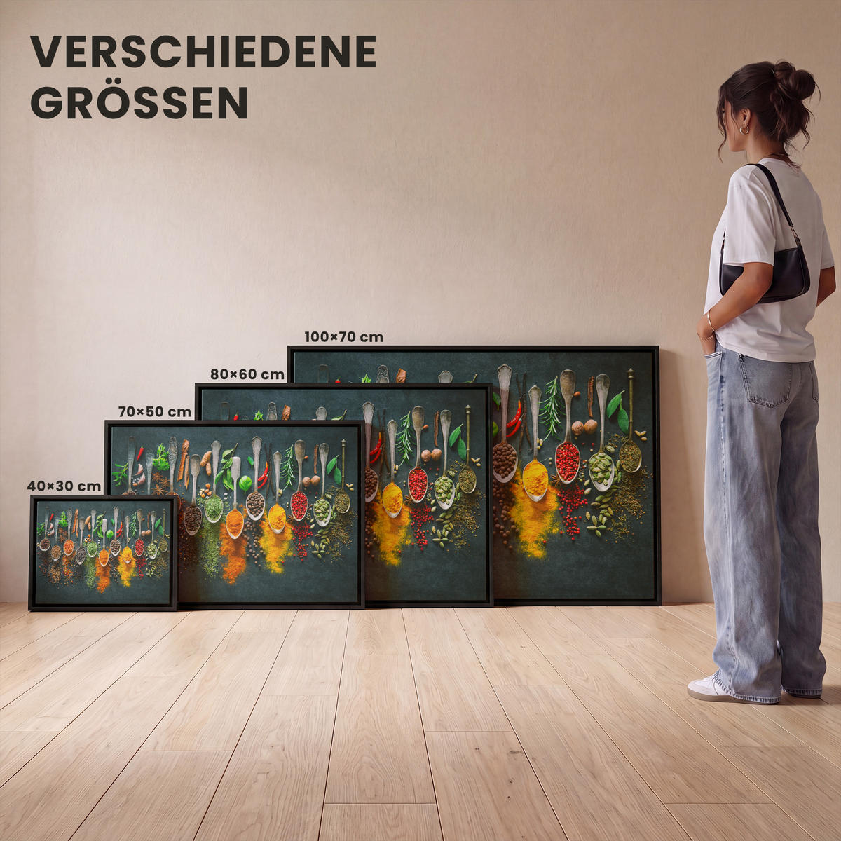 LEINWAND Bilder mit Rahmen - Kräuter - Gewürze - Löffel - 40x30 - Currygelb, Textil (40/30cm) - MuchoWow