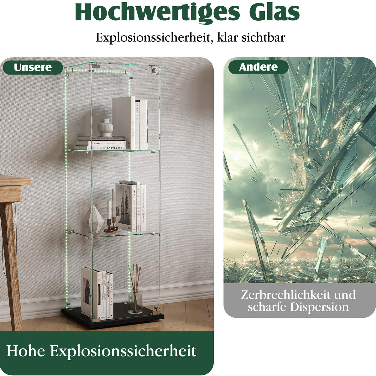 GLASVITRINE 125x42x36 cm 1 Tür 3 Einlegeböden LED Touch schwarz - Schwarz, Holz (39.8/123.3/35cm) - LEBENLANG