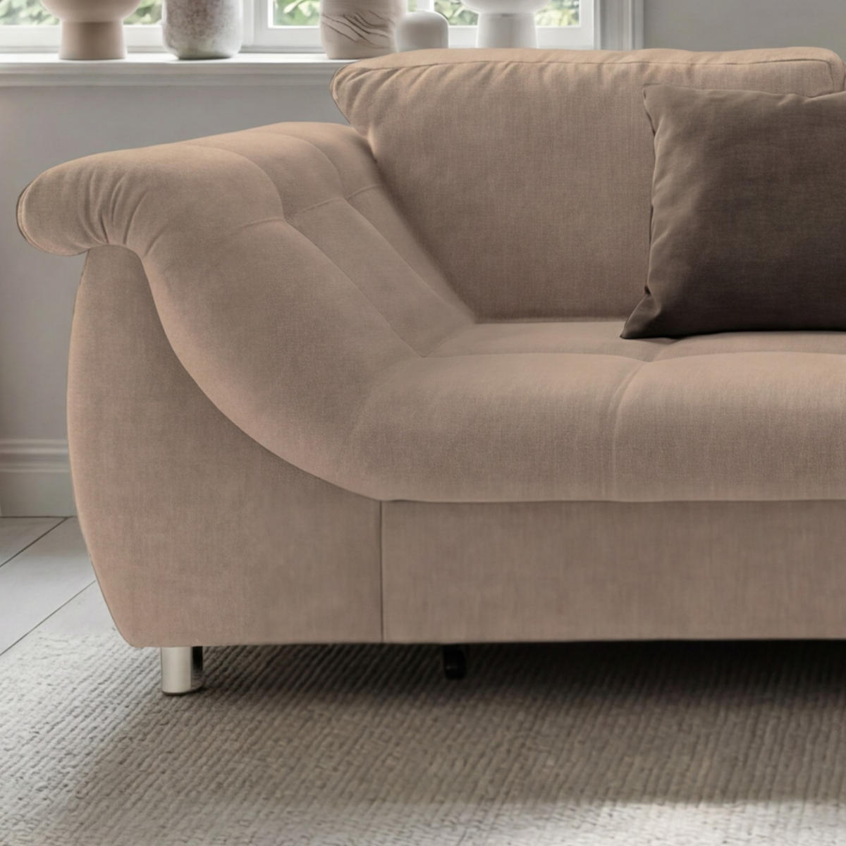 ECKSOFA mit Schlaffunktion, Wellenunterfederung, Ottomane rechts B250/T190/H84 cm, Liegefl. 179x190 cm, Mikrofaser Hellbraun / 17011 - Hellbraun/Chromfarben, Textil/Metall (250/190cm) - luma-home