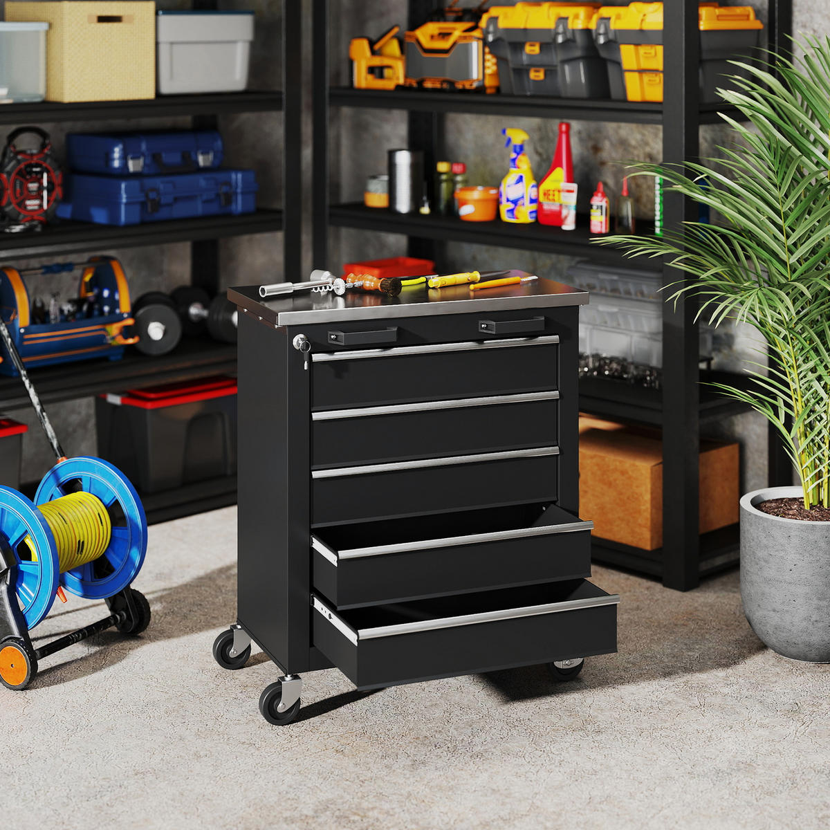 WERKSTATTWAGEN mit 5 Schubladen Werkzeugwagen leer abschließbar Stahl Schwarz - Schwarz, Metall (34.5/76/65.5cm) - HOMCOM