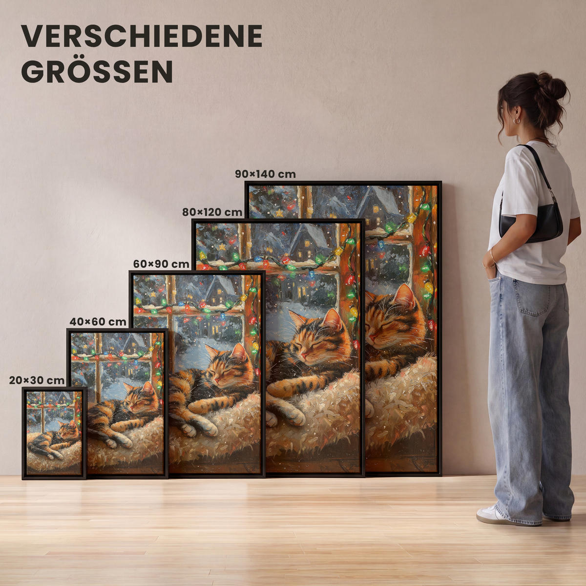 LEINWAND Bilder mit Rahmen - Katze - Weihnachten - Winter - Tier - 100x150 - Bernsteinfarben, Textil (100/150cm) - MuchoWow