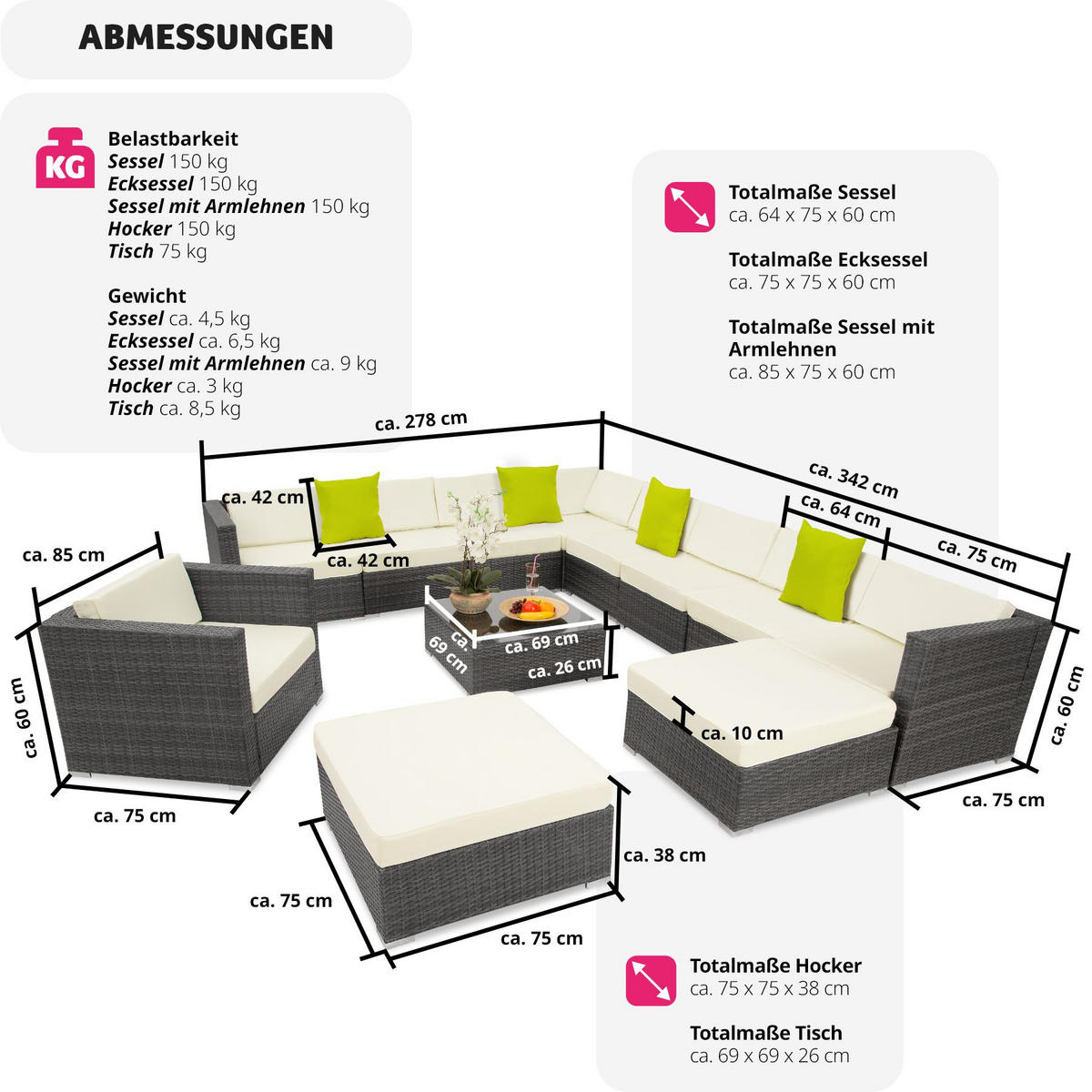 RATTANLOUNGE Las Vegas,mit Sicherheitsglasplatte,grau - Grau, Kunststoff - tectake