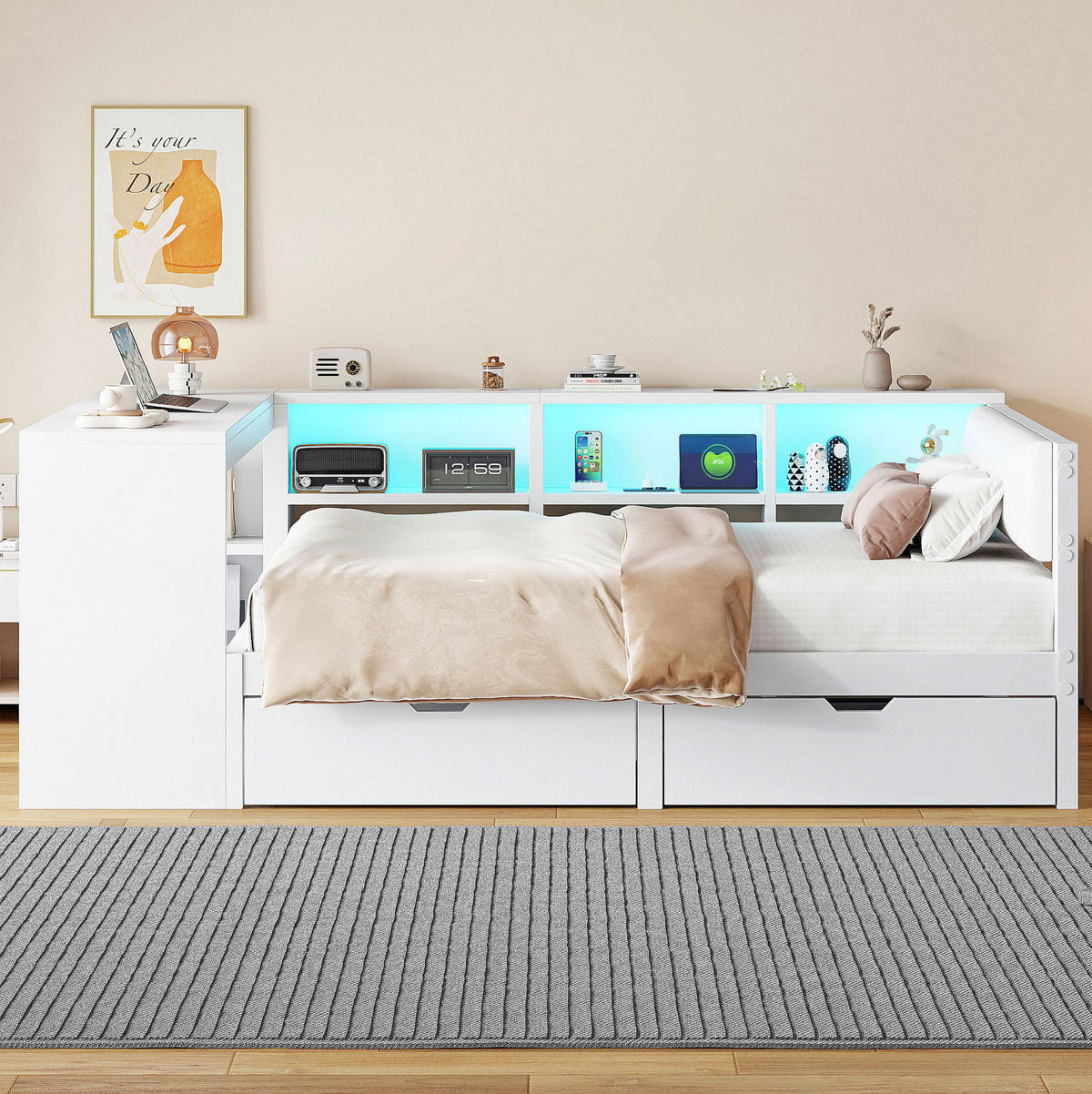 MULTIFUNKTIONSBETT 140/200 cm Weiß mit LED-Beleuchtung Ladestation Stauraum und gepolstertem Kopfteil - Weiß, Holzwerkstoff (140/200cm) - OKWISH