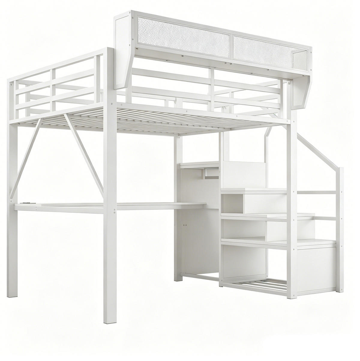HOCHBETT 140/200 cm aus Metall mit Schreibtisch und LED-Lichtleiste, Weiß - Weiß, Metall (140/200cm) - OKMYHOME
