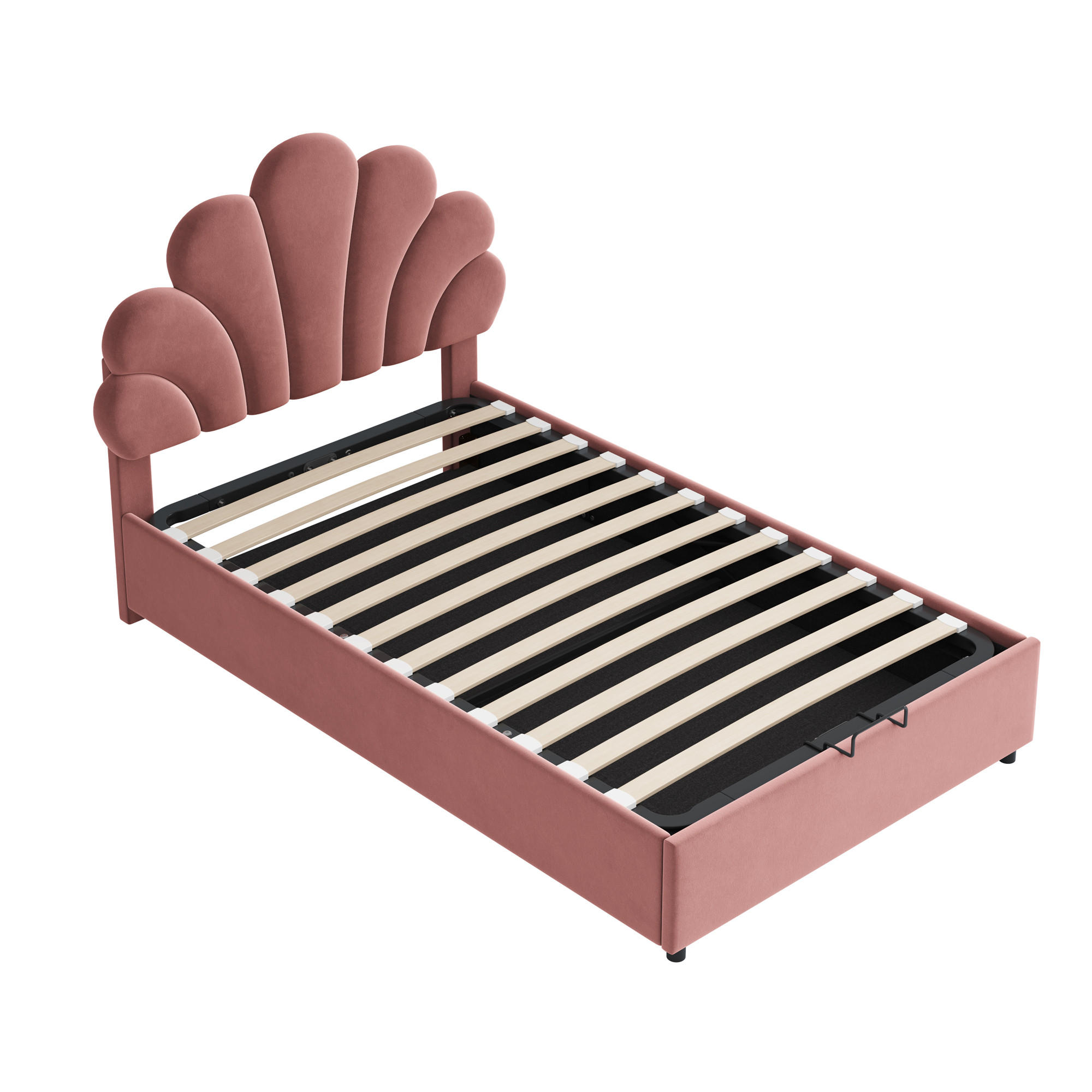 KINDEREINZELBETTEN aus Samt 90x200 cm in Rosa mit hydraulischem Stauraum - Rosa, Textil (90/200cm) - Modfu