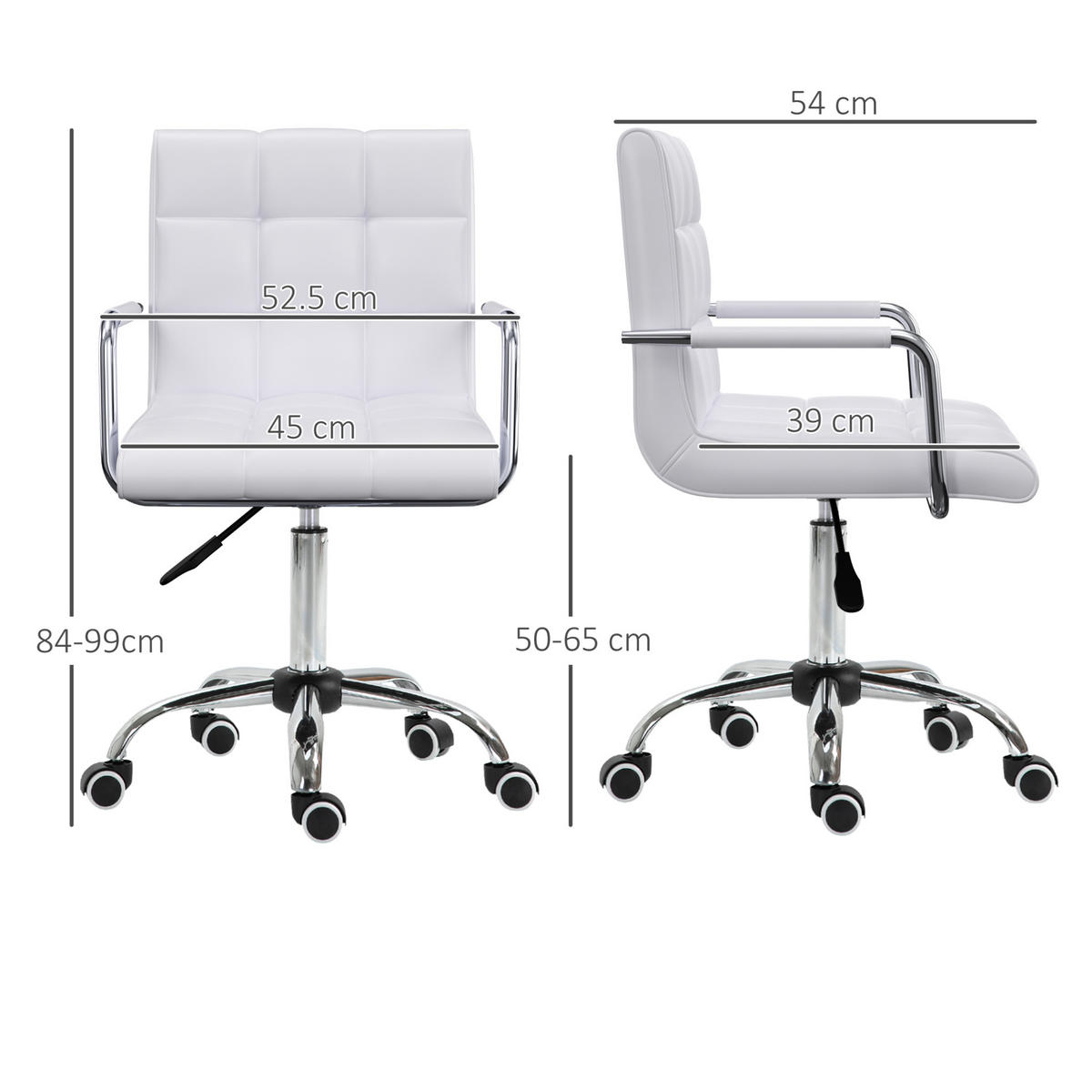 DREHSTUHL Weiß höhenverstellbar mit Kunstlederbezug und Rollen,52.5/99/54 cm - Weiß, Kunststoff (54/99/52.5cm) - Flora Grace