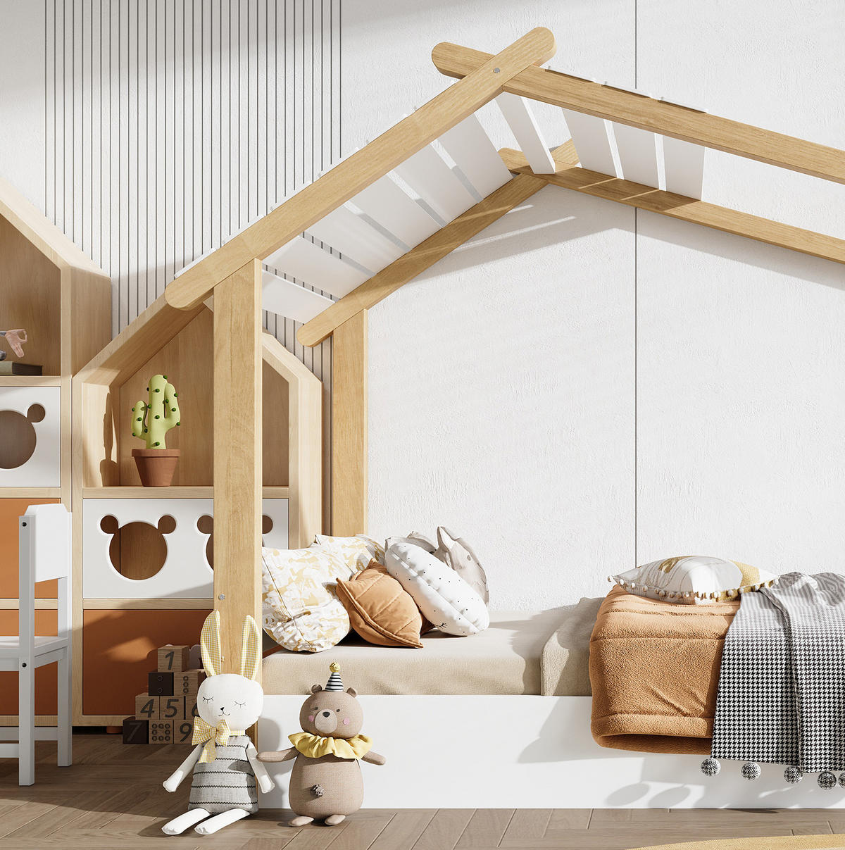 HAUSBETT aus Kiefer, Spanplatte und MDF 90x190 cm Weiß/Natur mit Lattenrost im Hausdesign - Weiß, Holzwerkstoff (90/200cm) - Modfu