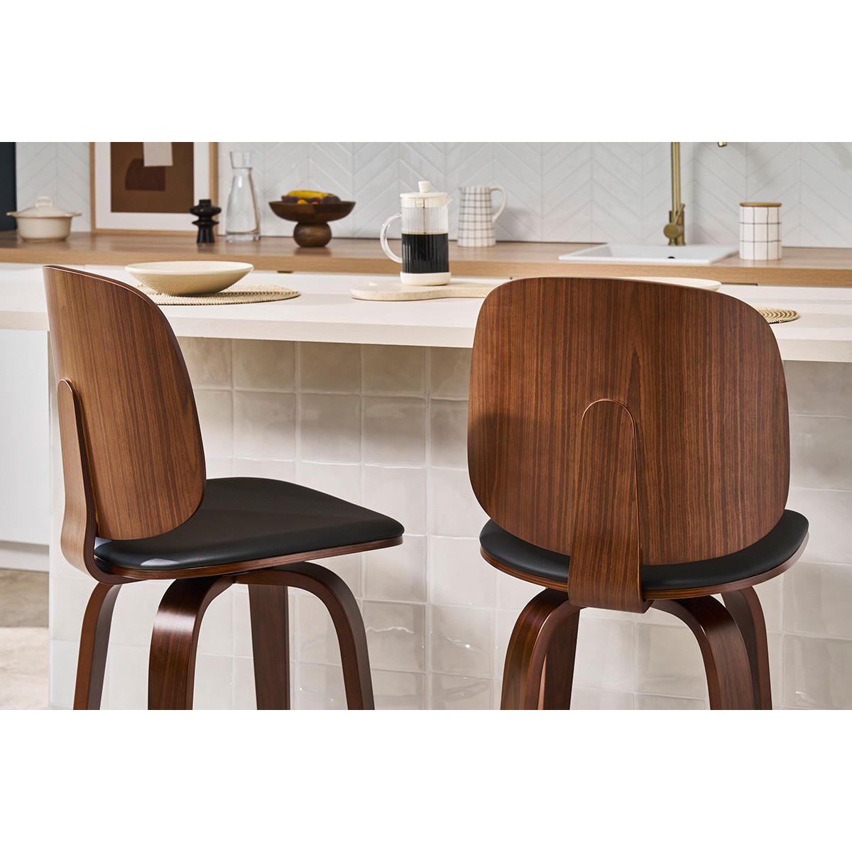 BARHOCKER Drehbar Schwarz Dunkles Holz H66 cm 2er-Set BECK - Walnussfarben, Holz (54.5/103.5/54.5cm) - Miliboo