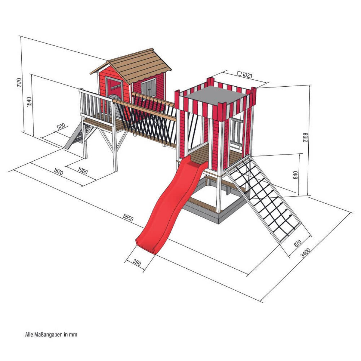 SPIELPARK WUNDERLAND - Rot, inkl. Rutsche - Rot, Holz (555/215/340cm) - Home Deluxe