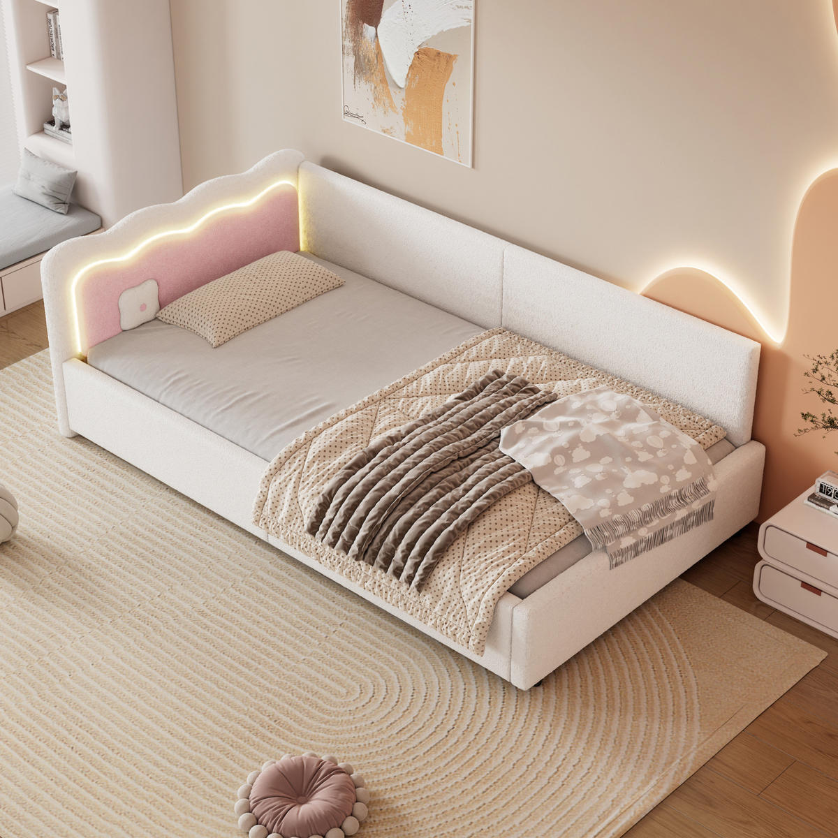 KREVET 90/200 cm s LED osvjetljenjem i kontrastnim uzglavljem od baršunaste tkanine, Bijela - bijela, tekstil (90/200cm) - Redom