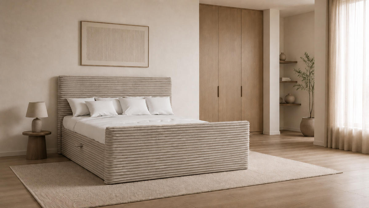BOXBETT Mit Bettkasten Und Topper TRENTO Stoff Plüsch Cord 200x200 cm Beige H3-Bonell - Beige, Holz/Textil (200/200cm) - Kaiser Möbel