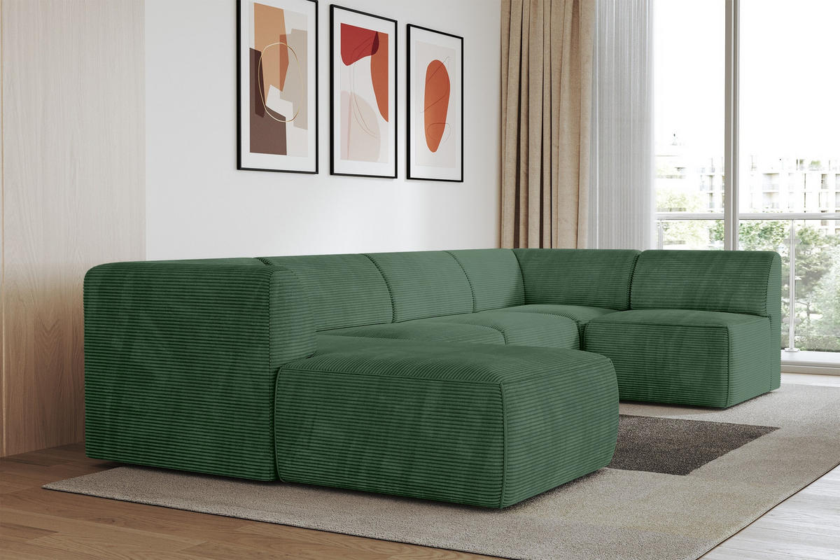WOHNLANDSCHAFT Ottomane Links MOVO-L 345x180x78 cm Grün Cord - Waldgrün/Schwarz, Holzwerkstoff/Kunststoff (180/78/345cm) - ALTDECOR