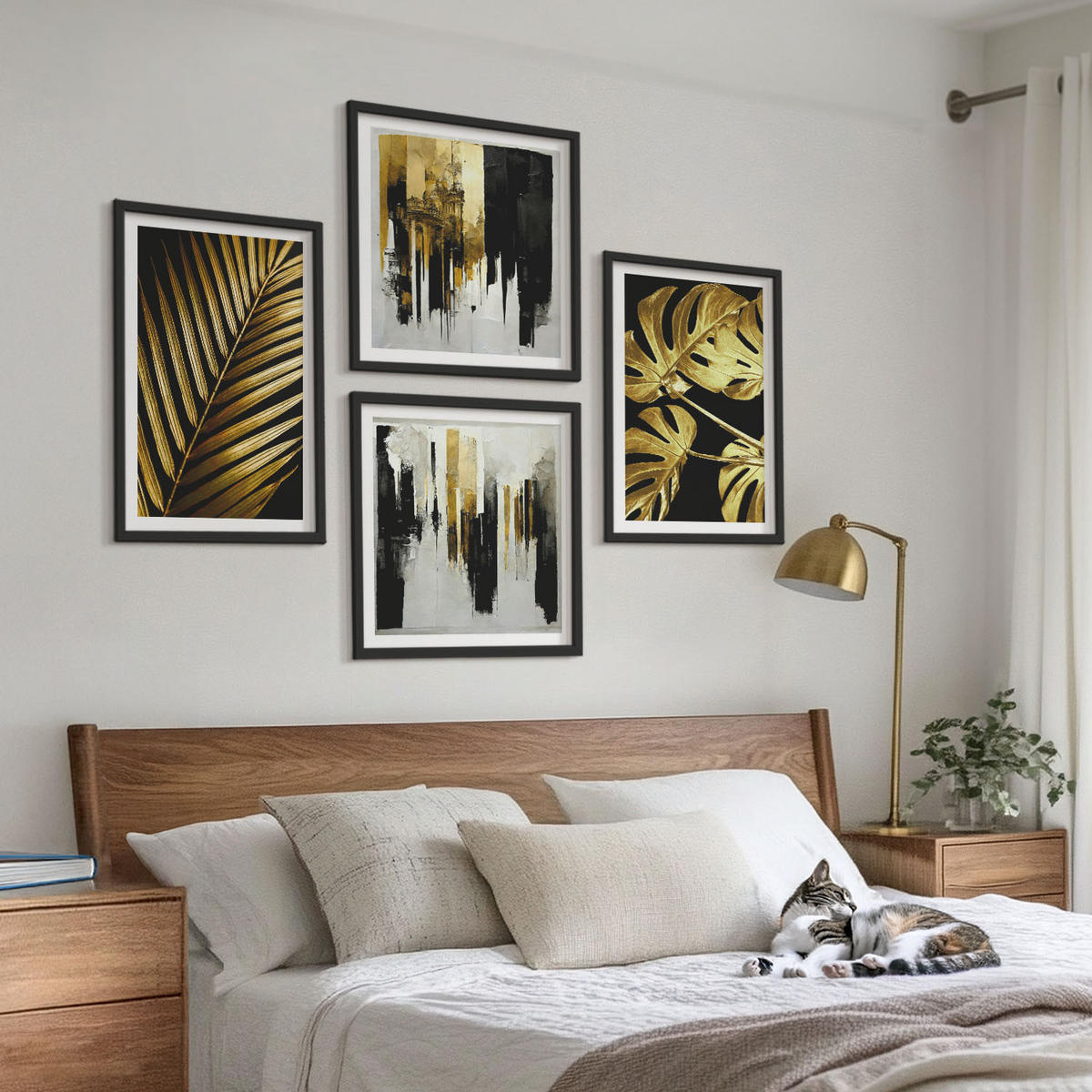 WANDBILDER 4er-Set - 50x50 cm & 40x60 cm Schwarzer Rahmen - Abstrakte Monstera-Palmenblätter - Schwarz, Kunststoff (50/50cm) - ArtPrintCave