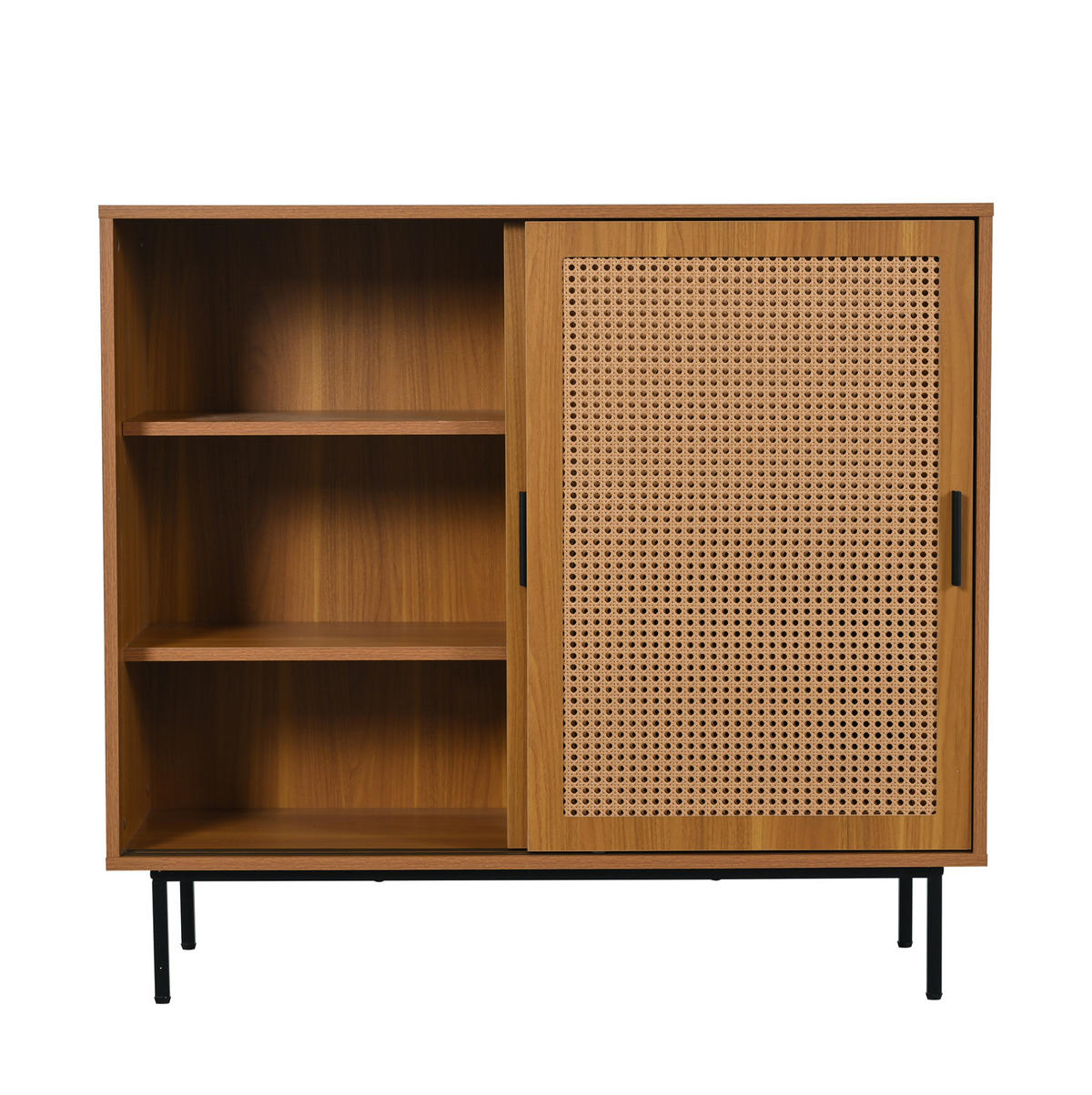 SIDEBOARD 100/37/90 cm in Walnuss mit 2 Schiebetüren und Rattan-Optik - Walnussfarben, Holzwerkstoff (100/90/37cm) - Flora Grace
