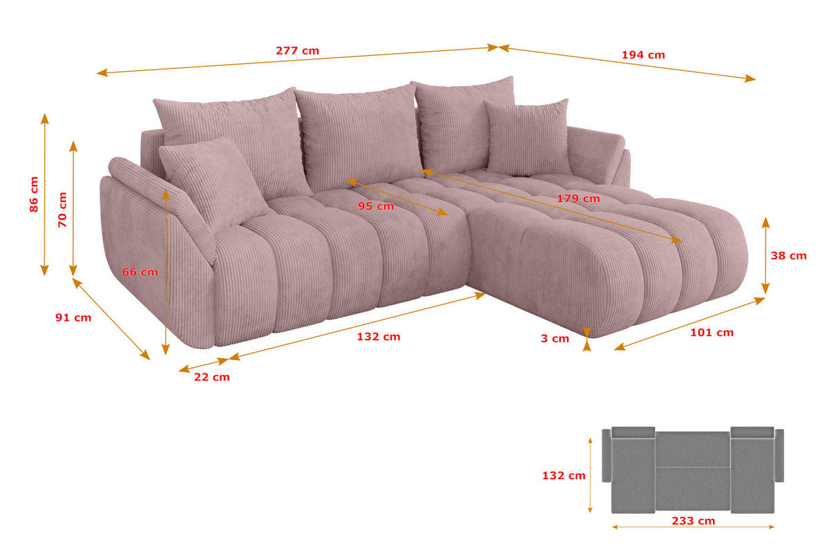 ROHOVÁ SEDAČKA s funkcí spaní, otoman vpravo TOKO-L-v1 277x194x86 růžová manšestr - růžová/černá, kompozitní dřevo/textil (277/194cm) - ALTDECOR