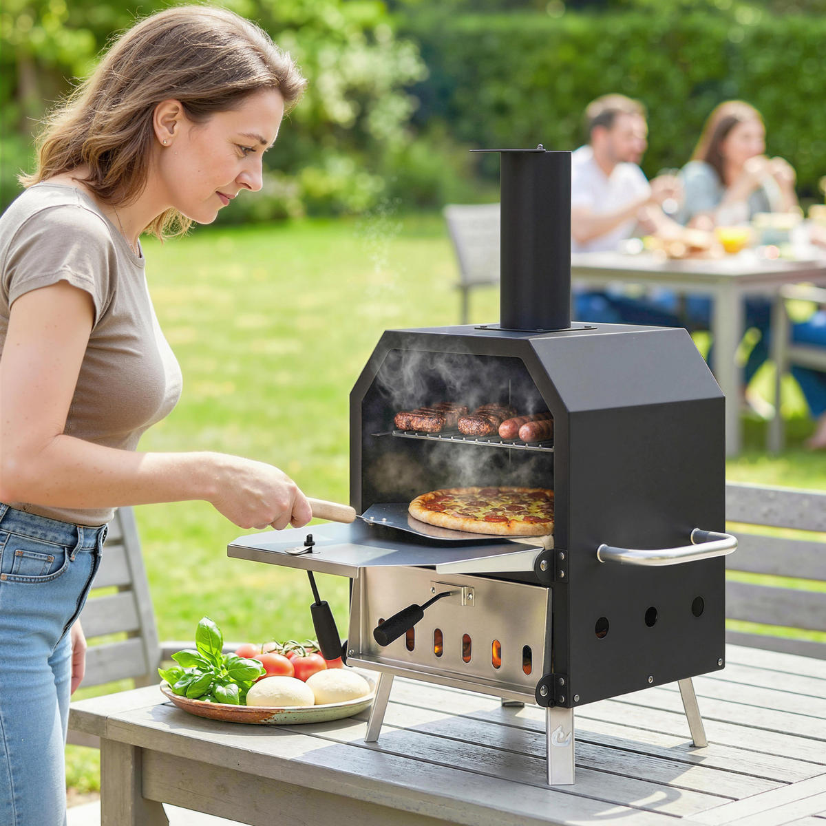 PIZZOVÁ PEC s lopatou z kovu, černá - černá, kov (47/66/55.5cm) - Outsunny
