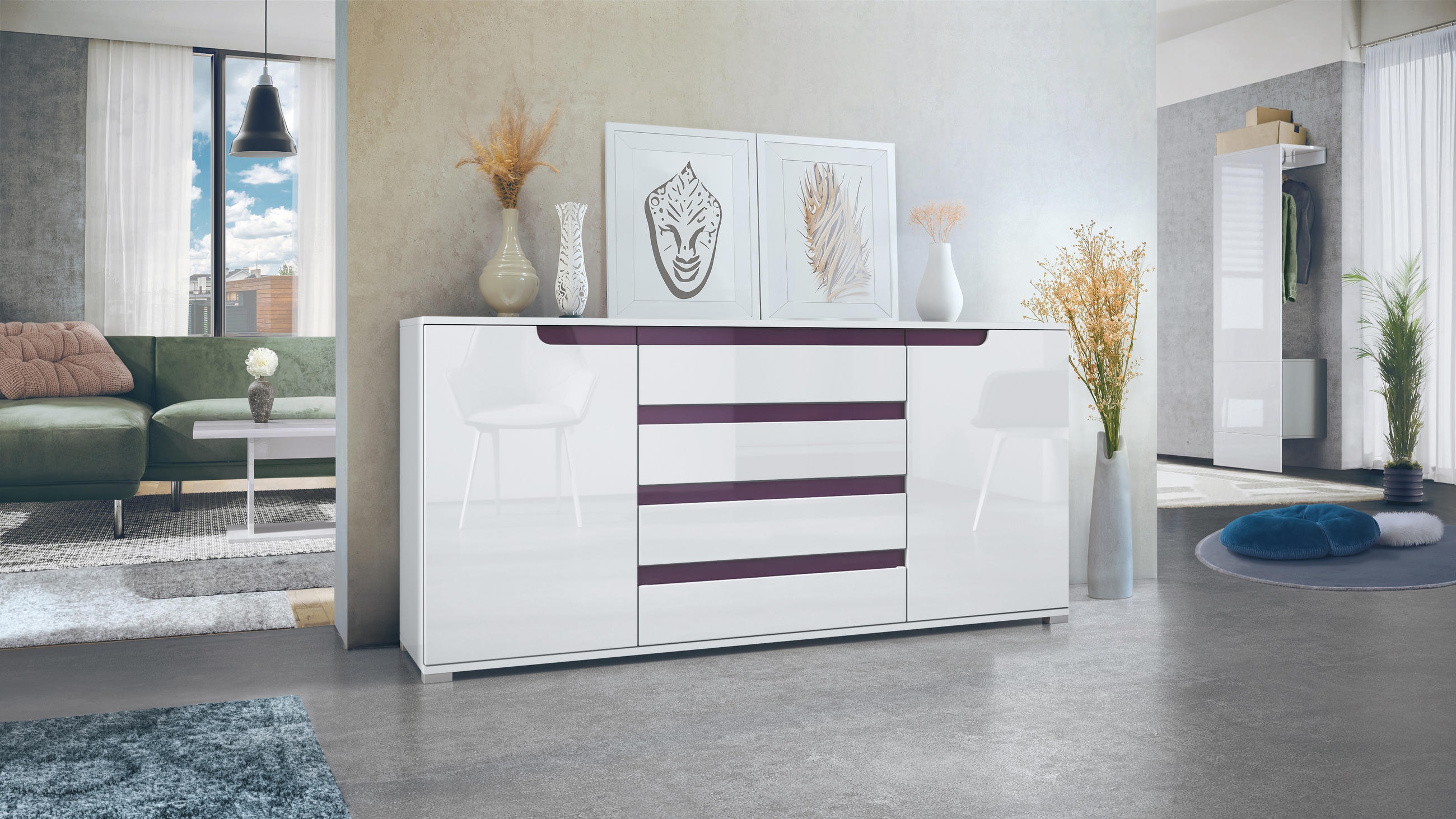 SIDEBOARD Sylt Weiß Hochglanz / Brombeer Hochglanz - Weiß Hochglanz, Holzwerkstoff (166.5/75.5/35cm) - Vladon