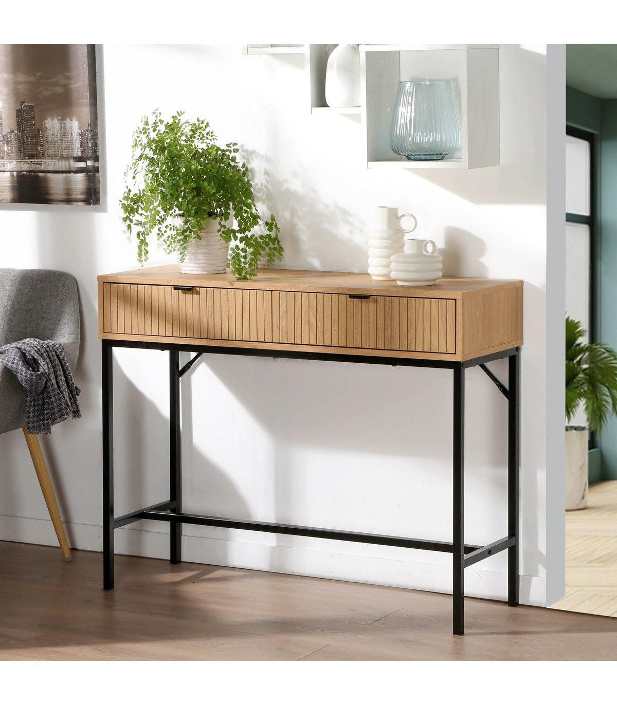 KONSOLE 2 Schubladen Front Effekt Holz mit Rillen - L100 x H80 cm - Apfelbaumfarben, Holzwerkstoff (100/35/80cm) - Calicosy