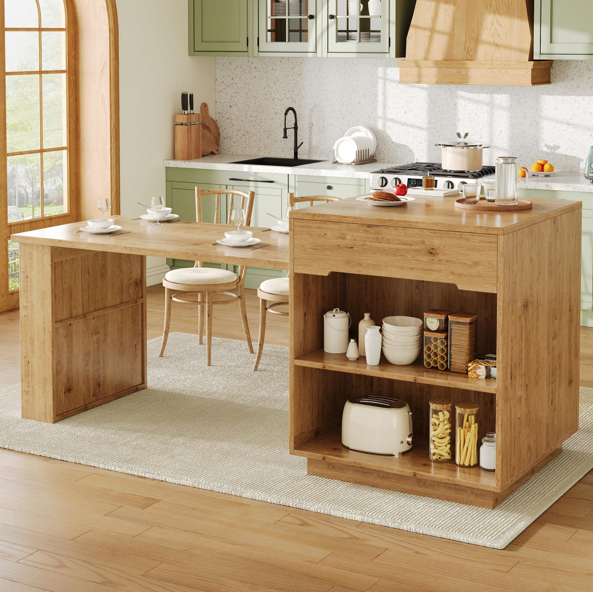 KÜCHENINSEL 122-195/70/93,5 cm Holzoptik mit ausziehbarer Tischplatte und LED aus MDF - Braun, Holzwerkstoff (122/93.5/70cm) - OKWISH