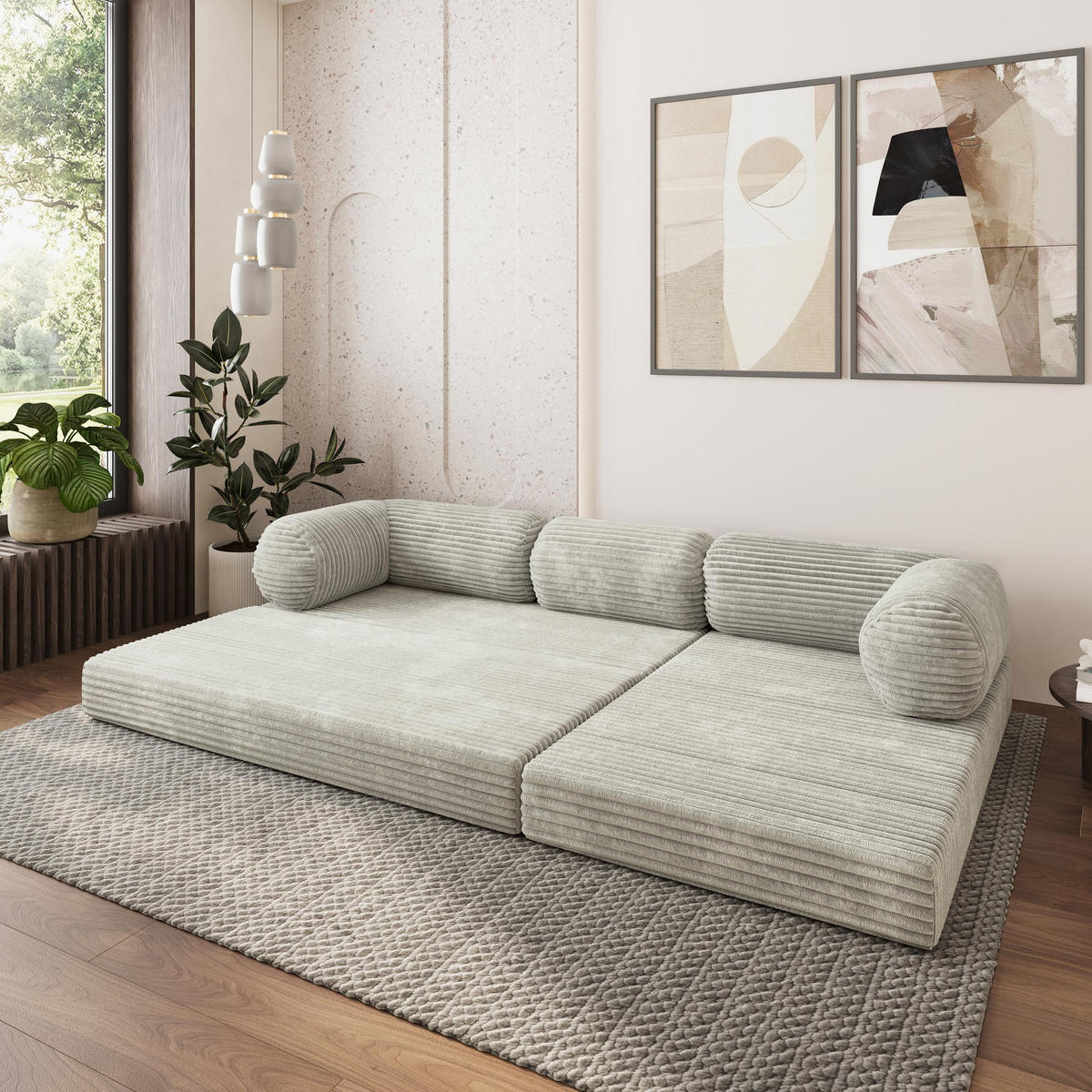 ROHOVÁ SEDAČKA ETERA modulární Boneless pohovka s funkcí spaní, světle šedá TILIA 83 - světle šedá, textil (270/160cm) - MASSENO