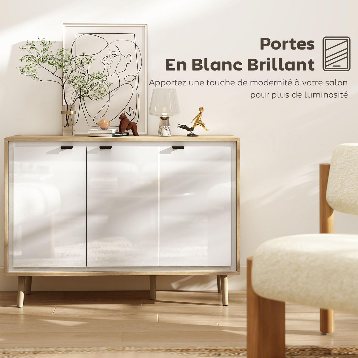 SIDEBOARD DE-11236 3 Türen & verstellbare Böden Weiß/Eiche - Weiß, Holzwerkstoff (107/77/35cm) - ComfortXL
