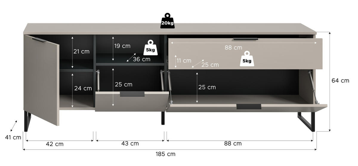 TV-LOWBOARD Kaschmir, schwarz, TV Unterteil 185 cm mit Soft-Close - Kaschmir/Schwarz, Holzwerkstoff/Kunststoff (185/64/41cm) - Inn.Furn